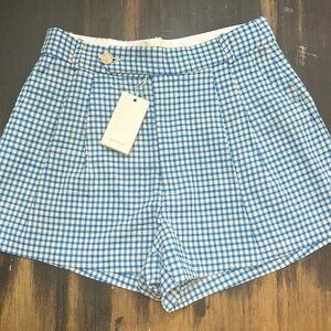 Doen Blue and White Checkered High Waist Shorts